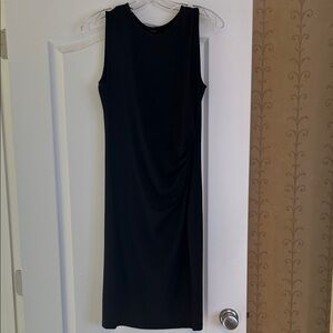 Theory Black Sleeveless Midi Sheath Dress. Draping on 1 side. Slenderizing